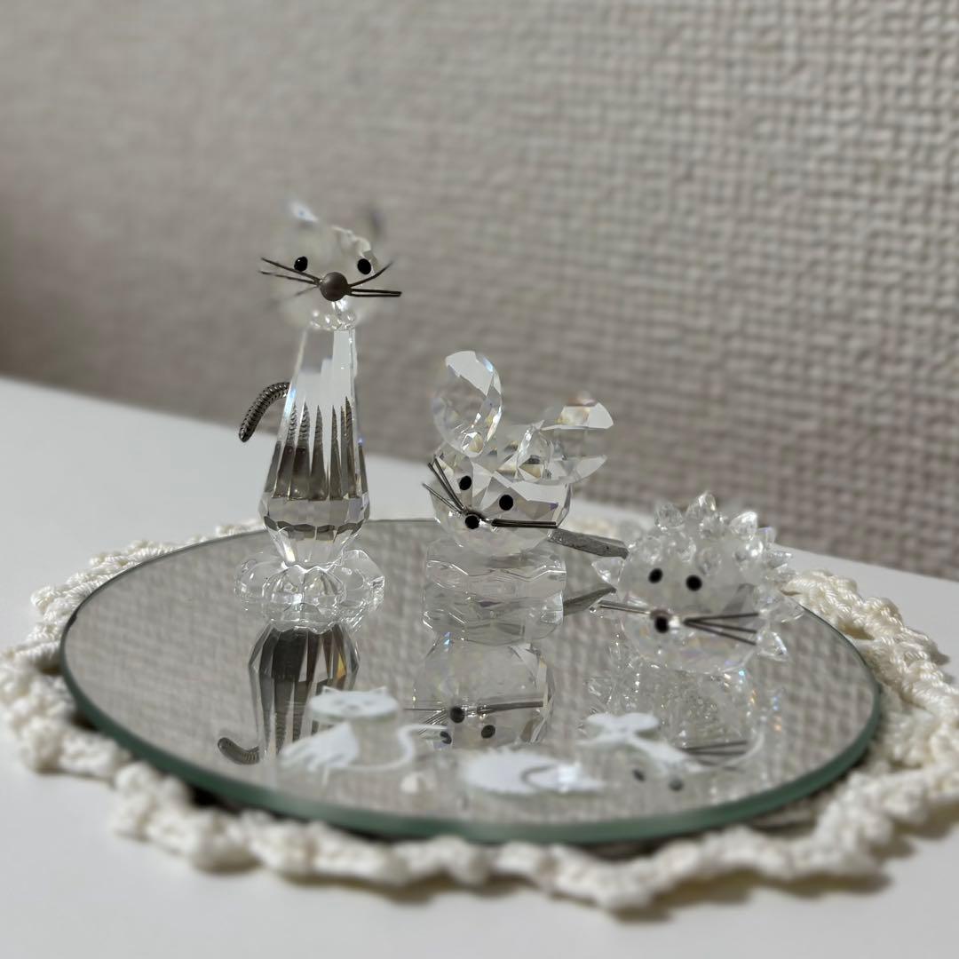 スワロフスキー、ネコ、ネズミ、ハリネズミの置物3点セット