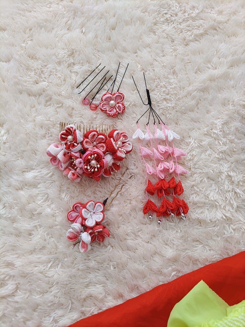 七五三 着物 花柄 7歳　ブランド着物　moe ピンク　水色　フルセット　髪飾り