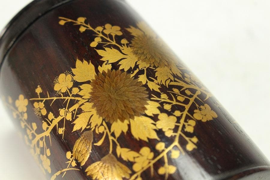 茶道具 紫檀 草花蒔絵 茶入 美品(K-BB517)