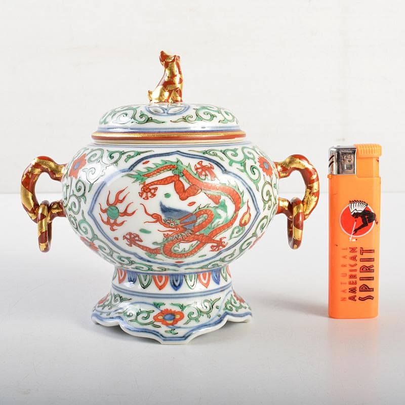 篩月庵　三浦竹泉造　赤絵金彩　花唐草龍文　双耳遊環香炉　共布共箱　J　R7438