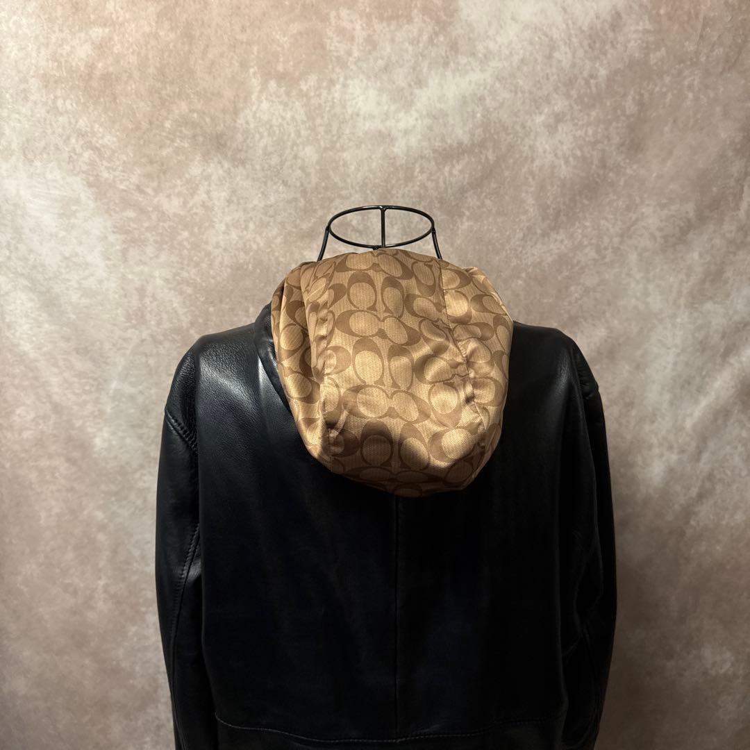 COACH レザーパーカー ラムレザー L フード付き ジップアップ ブラック