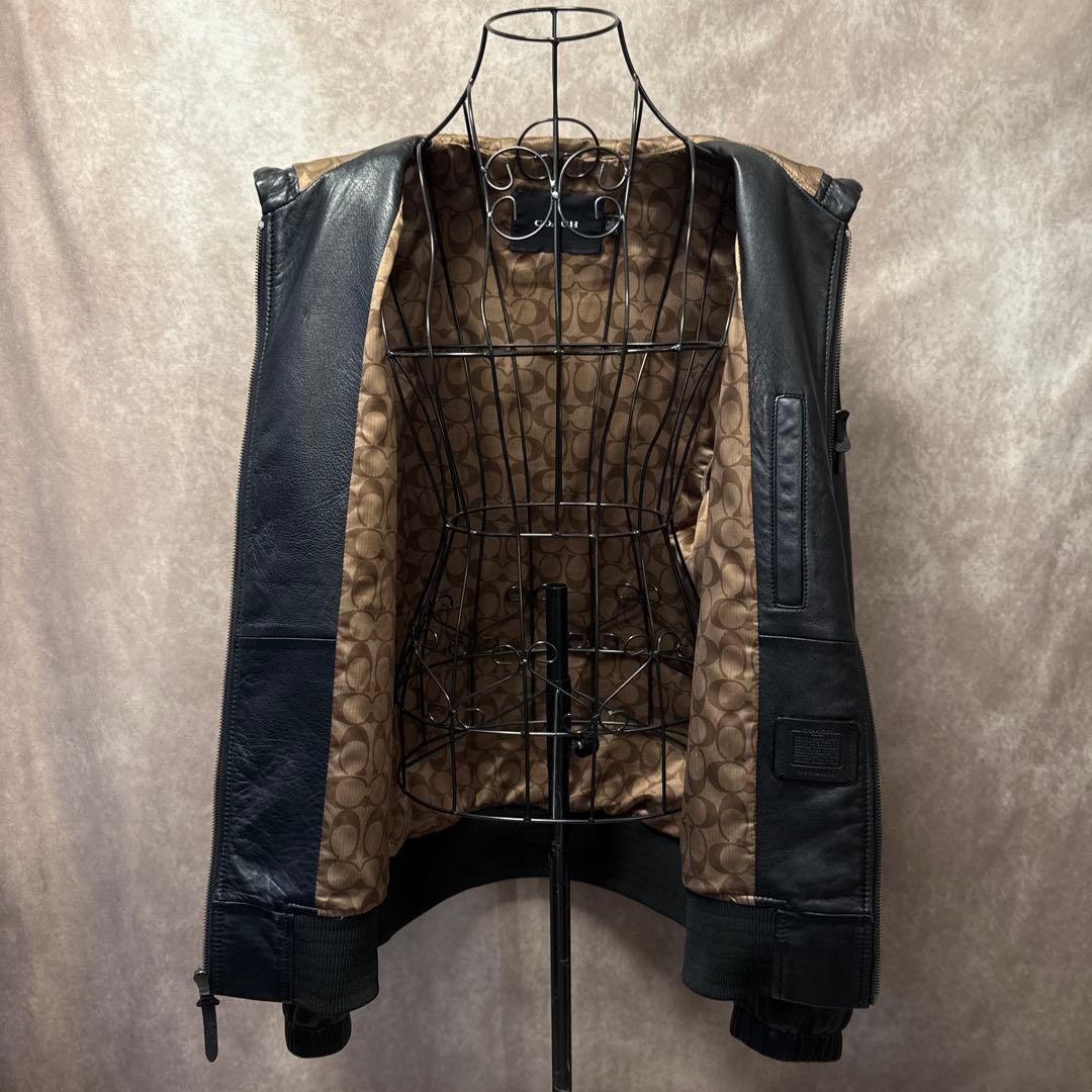 COACH レザーパーカー ラムレザー L フード付き ジップアップ ブラック