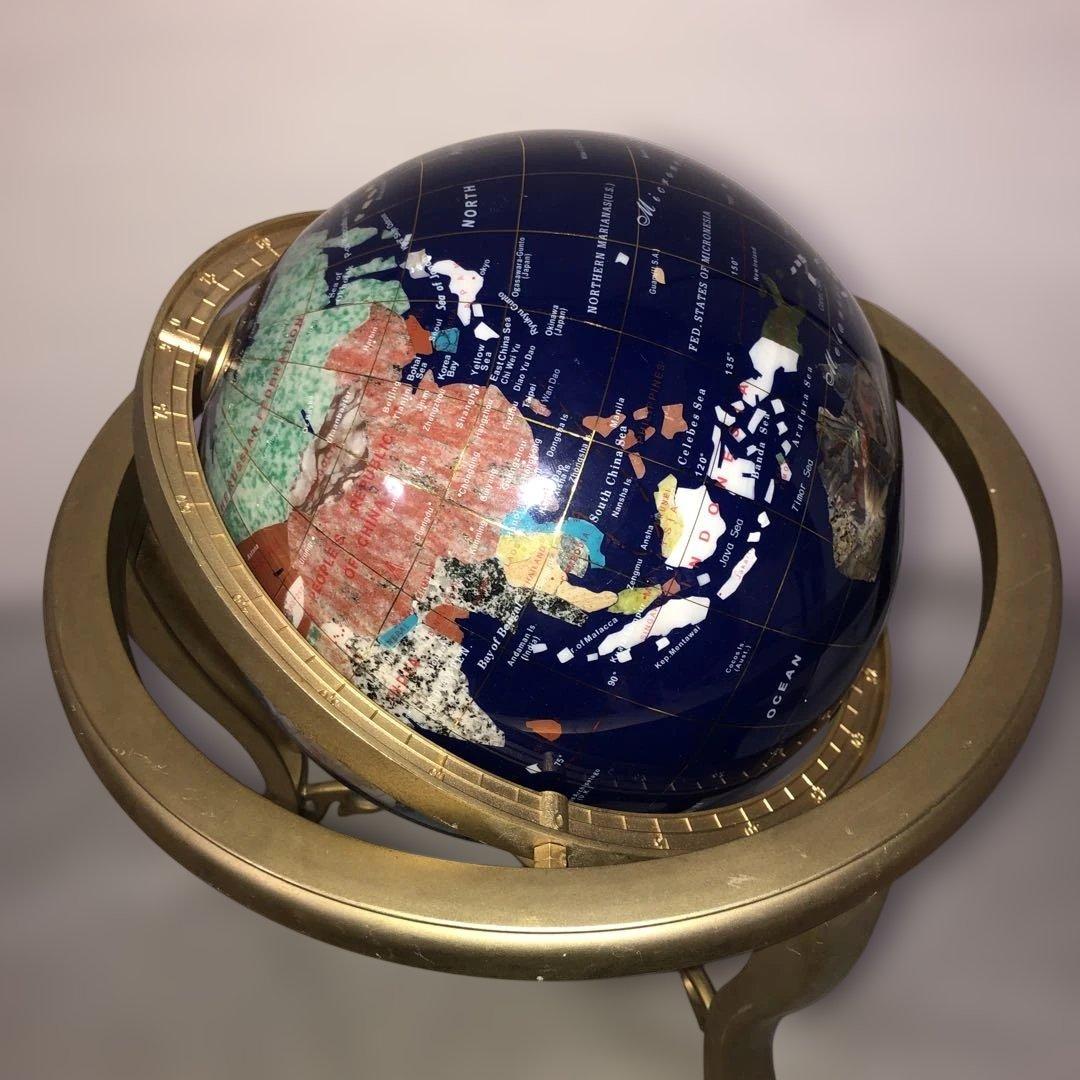 【アンティーク】天然石 地球儀 コンパス付　インテリア ラピスラズリ色