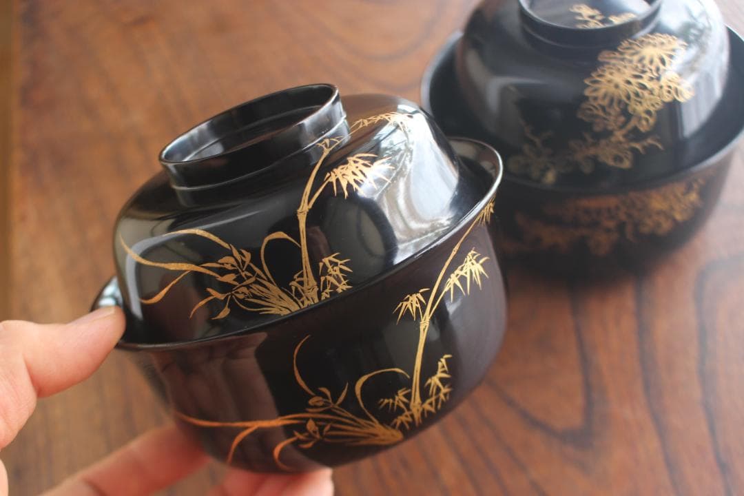 時代逸品！端正な時代黒漆に極上菊蘭蒔絵の映える四つ椀（検懐石道具蒔絵椀茶道具