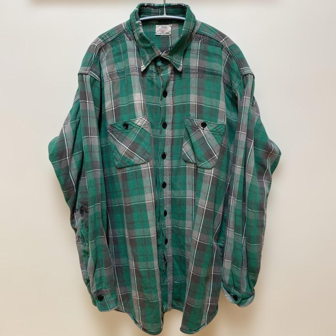 Sears チェック柄ネルシャツ XL(緑✖️グレー) 60s