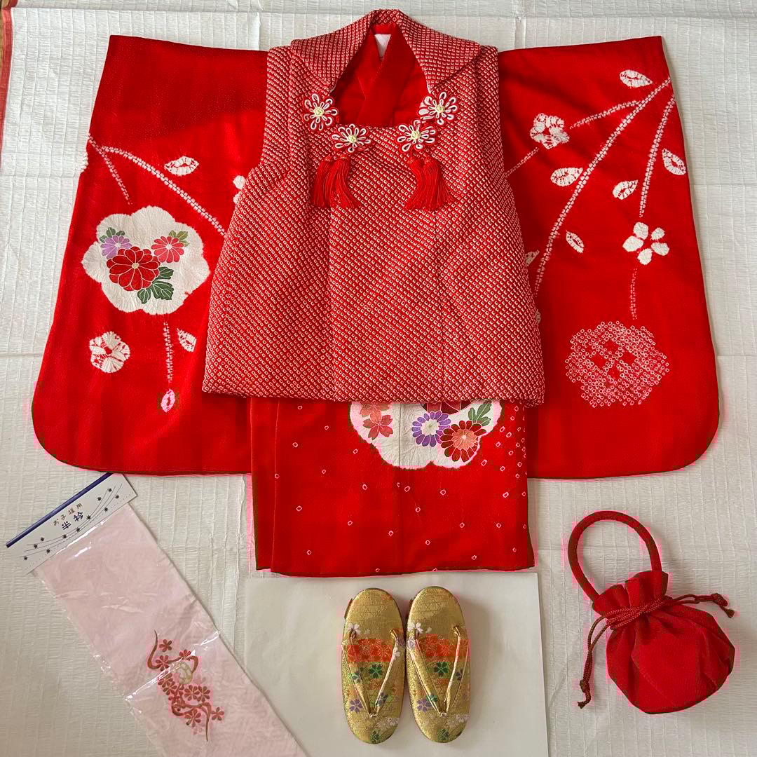 七五三 3歳 フルセット 着物 753 絹 被布 総絞り 三歳 赤 草履 刺繍