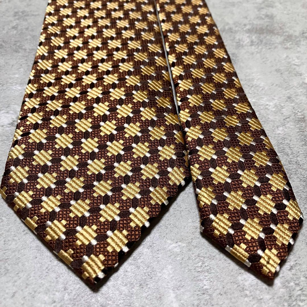 極美品　トムフォード　ネクタイ　チェック　格子柄　光沢感　ジャガード織　ゴールド