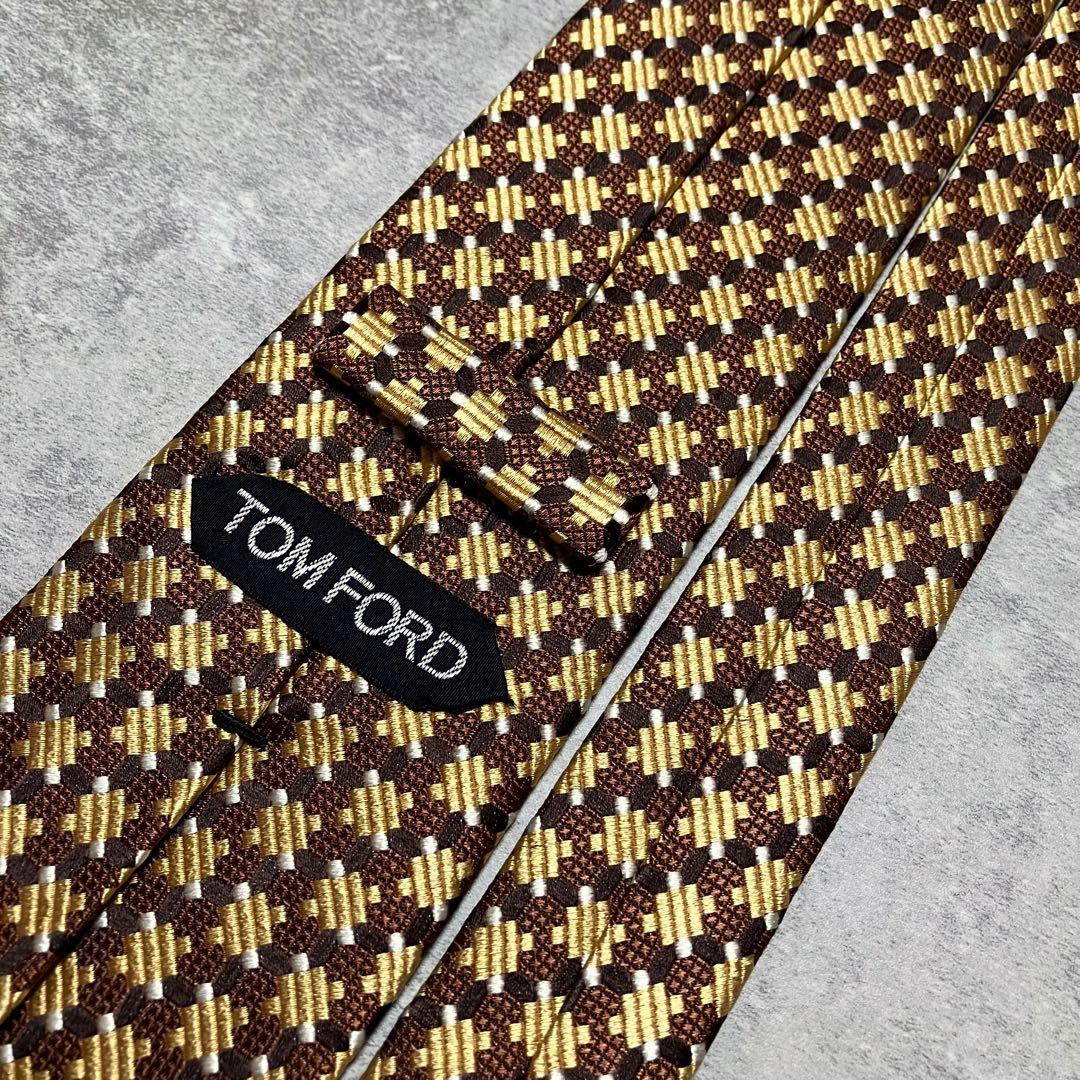 極美品　トムフォード　ネクタイ　チェック　格子柄　光沢感　ジャガード織　ゴールド