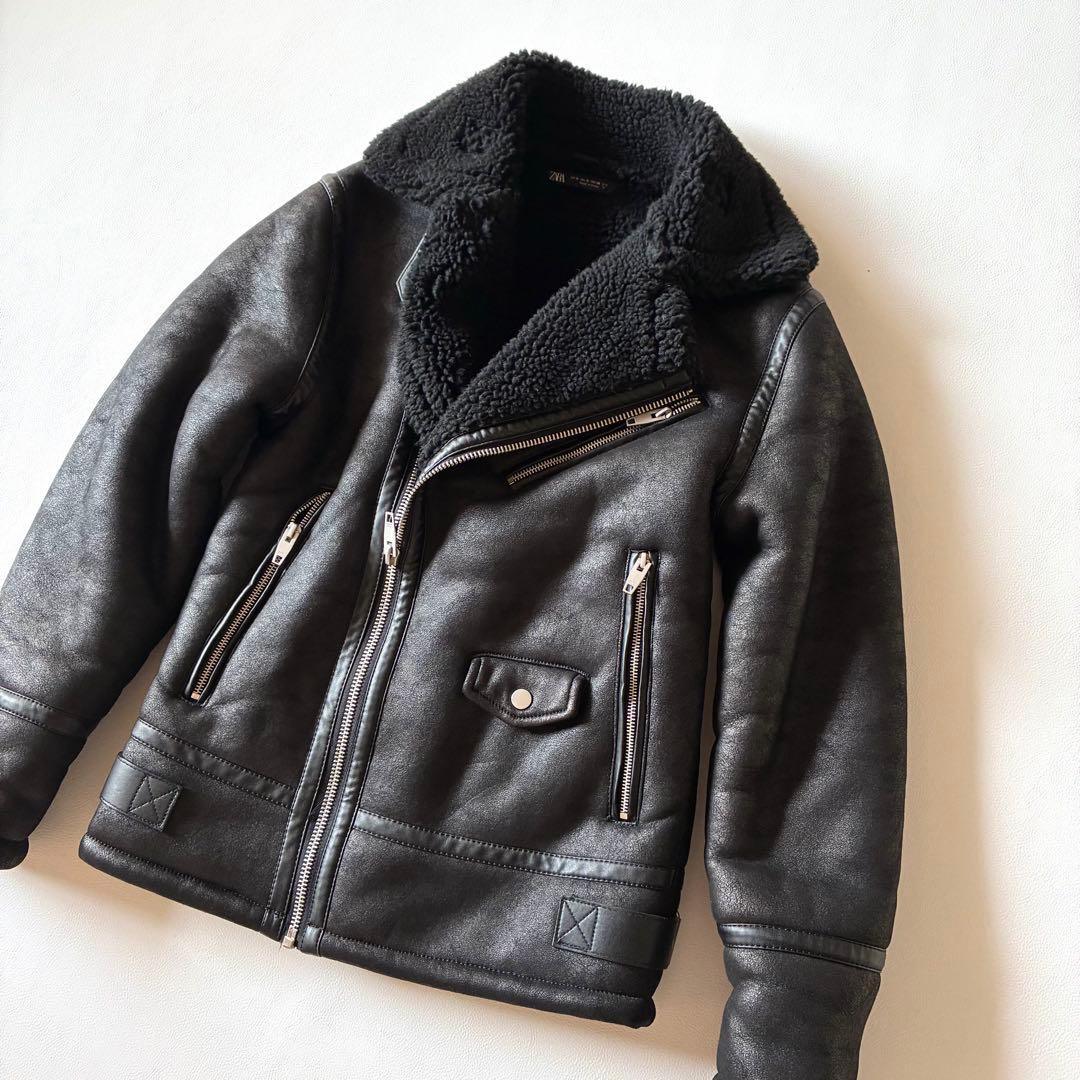 ZARA　ザラフェイクムートン　ダブルライダース　ボアジャケット　ブラック