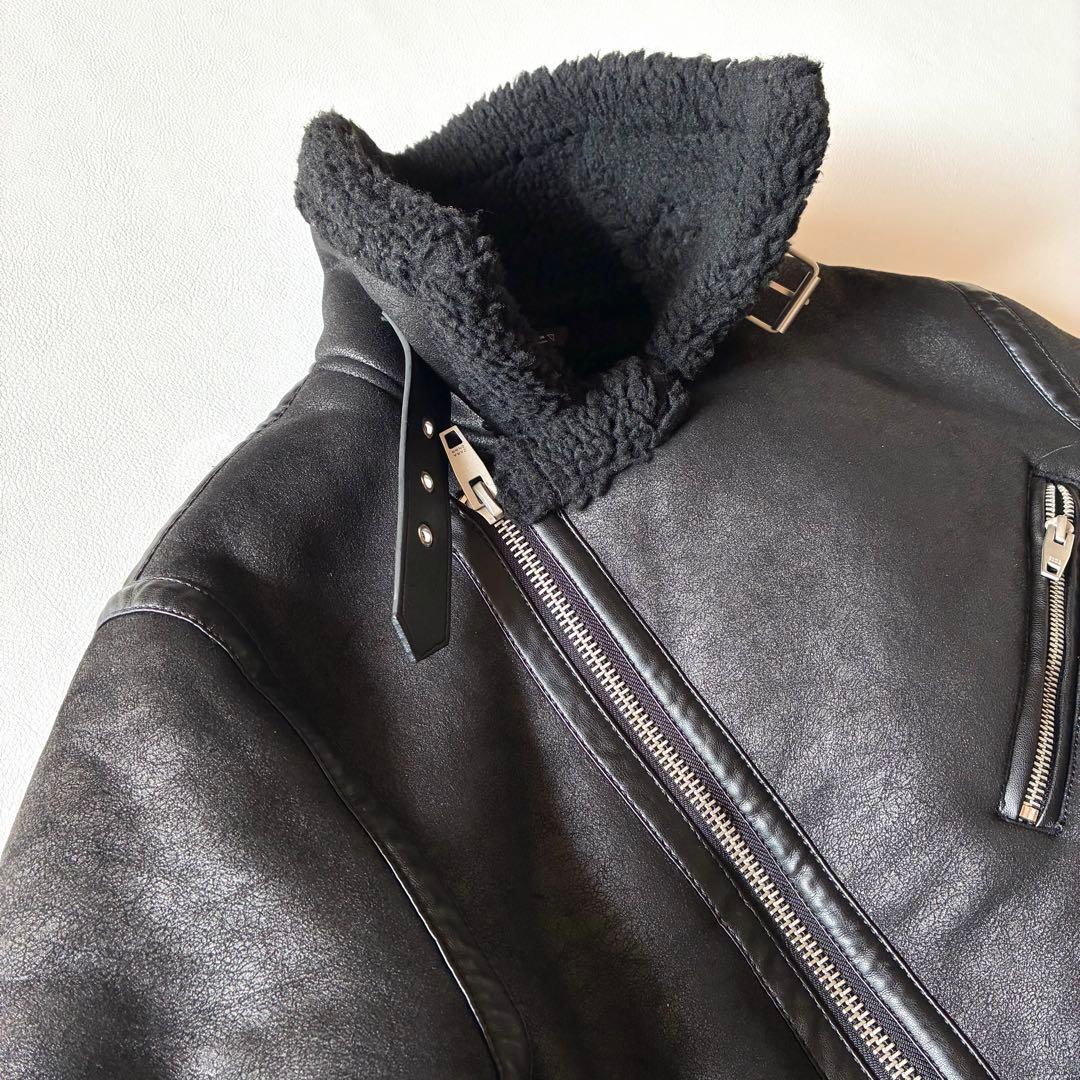 ZARA　ザラフェイクムートン　ダブルライダース　ボアジャケット　ブラック