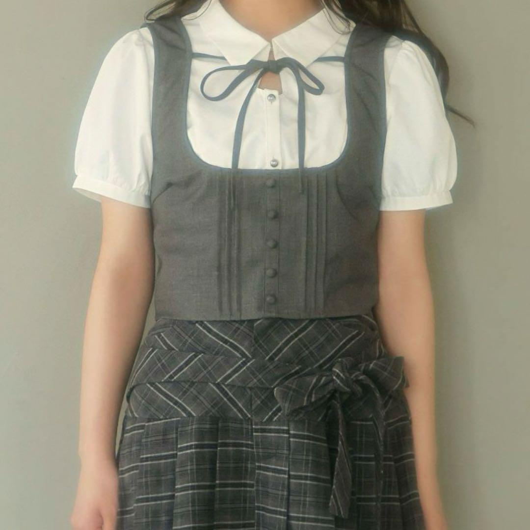 bubbles リボンベストレイヤードブラウス　グレー