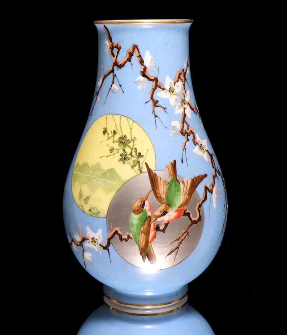 オールド・バカラ 淡青色 大型オパーリンクリスタル製手彩色日本趣味花鳥図飾壷花瓶