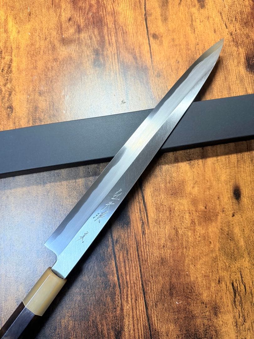 森本光一作　左用　刺身 柳刃　白一鋼　尺　紫檀白水牛八角柄