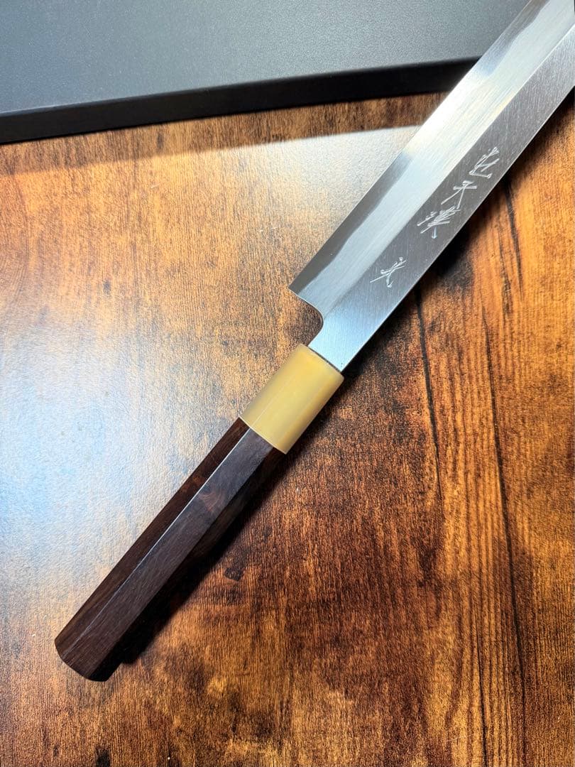 森本光一作　左用　刺身 柳刃　白一鋼　尺　紫檀白水牛八角柄