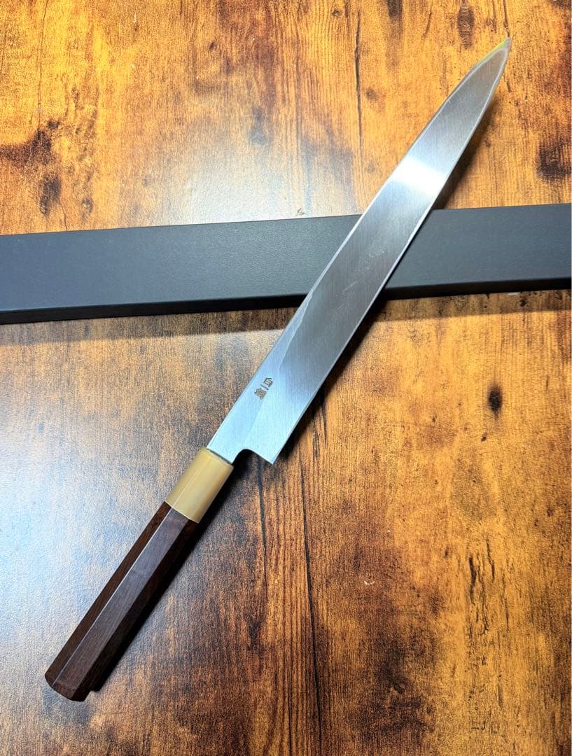 森本光一作　左用　刺身 柳刃　白一鋼　尺　紫檀白水牛八角柄