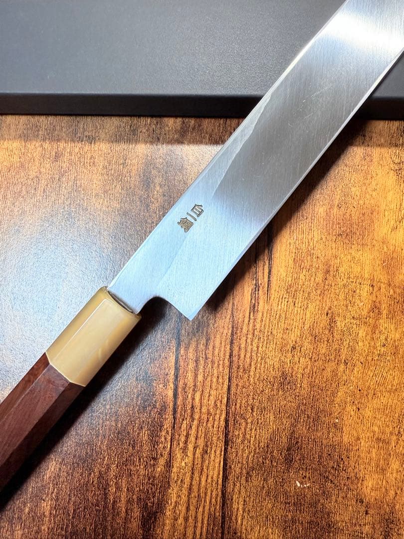 森本光一作　左用　刺身 柳刃　白一鋼　尺　紫檀白水牛八角柄