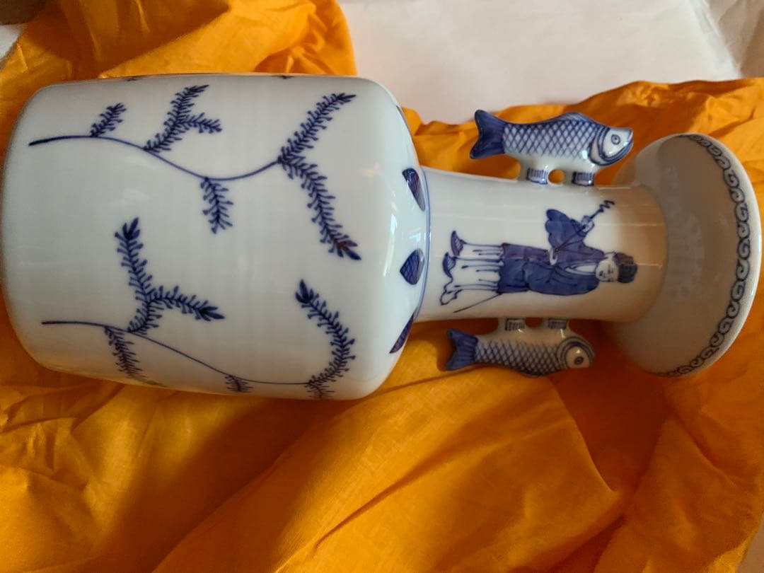 三浦竹泉 造 染付高砂手花瓶 共箱 二重箱 茶道具 / 青花 花器 花入