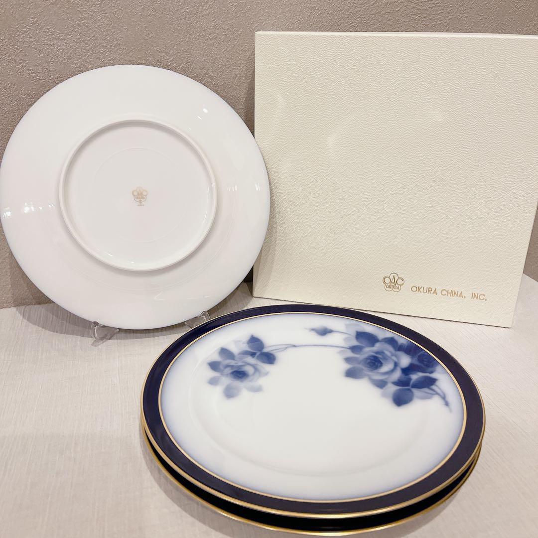 100周年記念【新品】大倉陶園 ブルーローズ プレート 20cm 3枚 箱付き