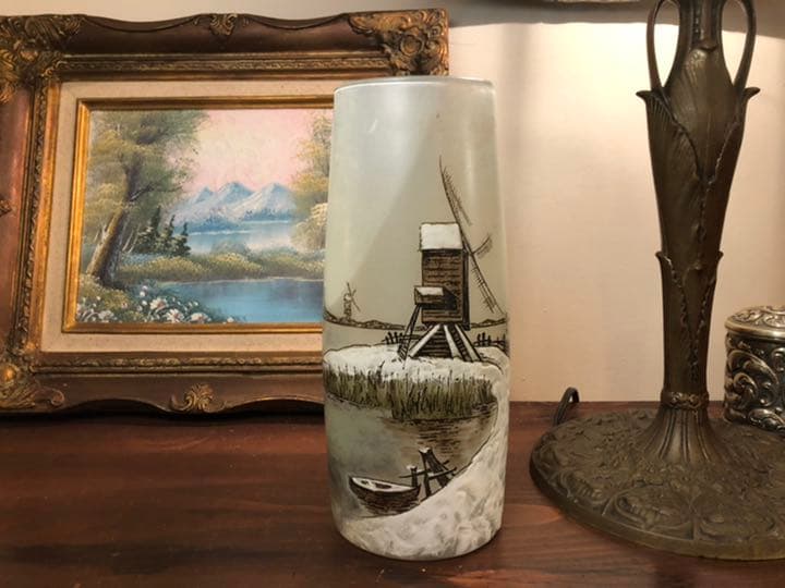 フランソワ・テオドール・ルグラ 1890年代　雪景色風車小屋　ガラス