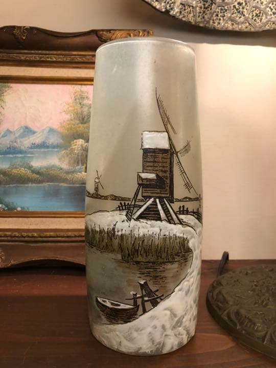 フランソワ・テオドール・ルグラ 1890年代　雪景色風車小屋　ガラス