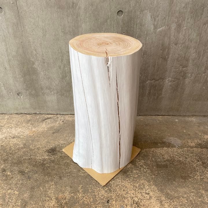 白ペンキ ヒノキ切り株 スツール 丸太フラワー消毒スタンド サイドテーブル