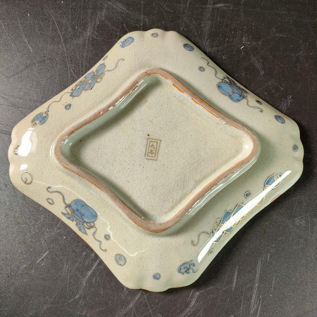 C21-2/九谷焼/春月/菊に蜻蛉文四方皿8客/向付/銘々皿/飾皿/懐石料理