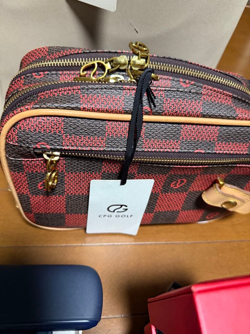 CPG GOLF レッドチェック カートバッグ、トートバッグの2点