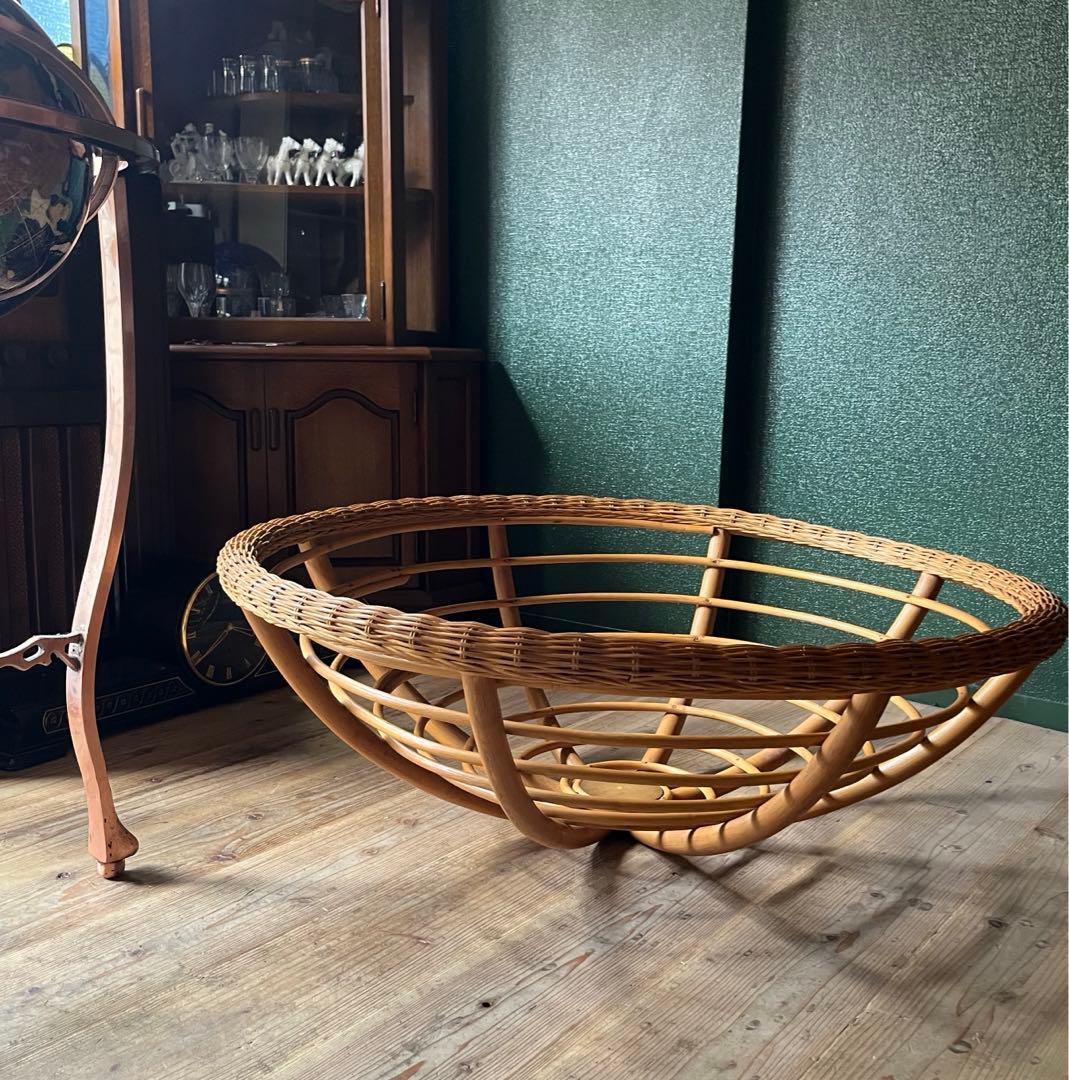 ラタン 特大バスケット かご ベット インテリア 昭和レトロ