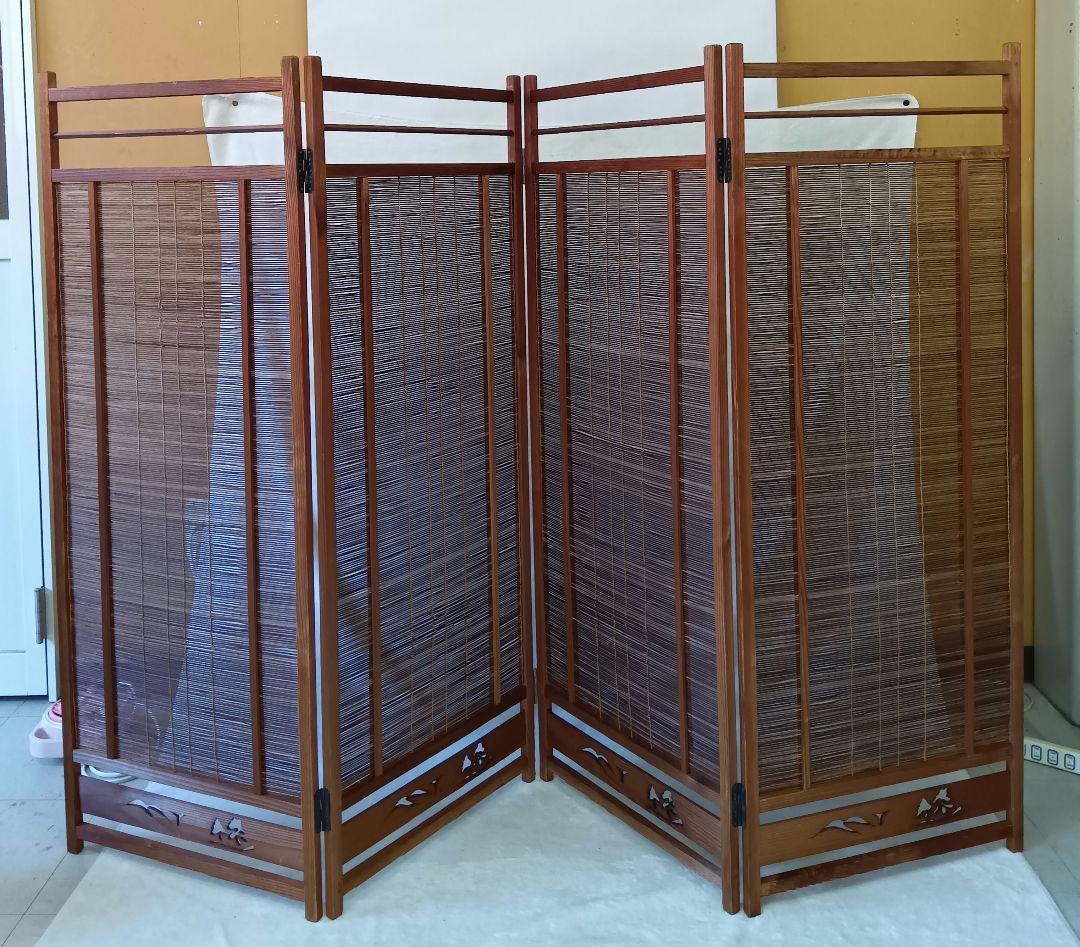 4枚式衝立　パーテーション　簾屏風　古民家　間仕切り　昭和レトロ　年代物　和風