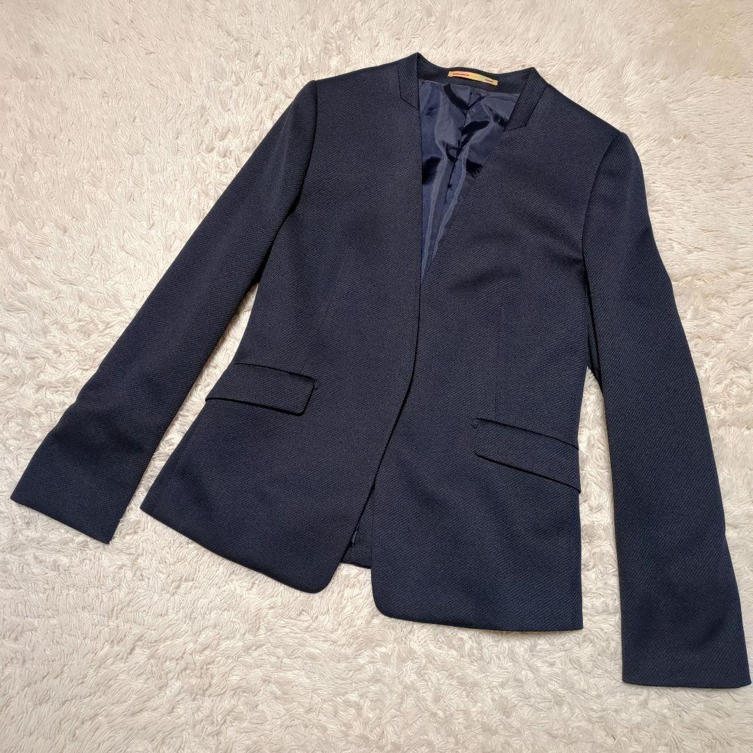 極美品！ORIHICA　ノーカラーパンツスーツセットアップ　M/L　濃紺　洗える