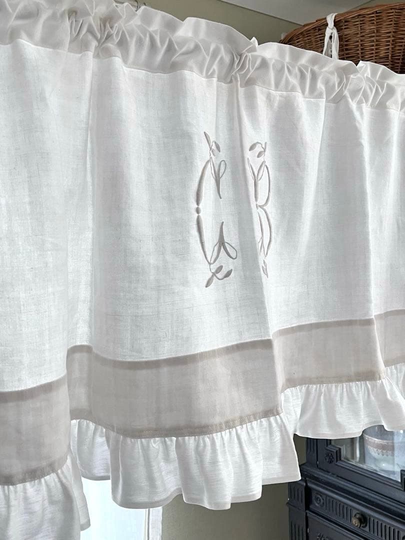 【美品】フランスアンティーク CB手刺繍 ホワイトフリルカフェカーテン 3376