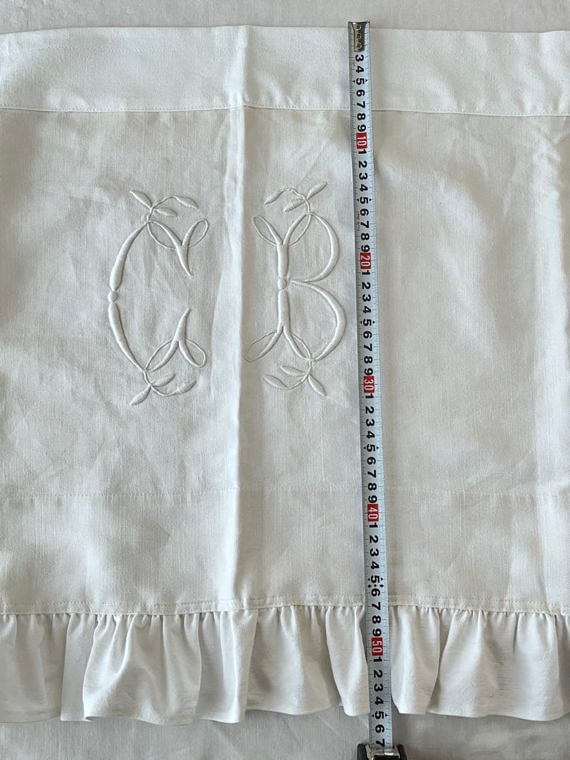【美品】フランスアンティーク CB手刺繍 ホワイトフリルカフェカーテン 3376