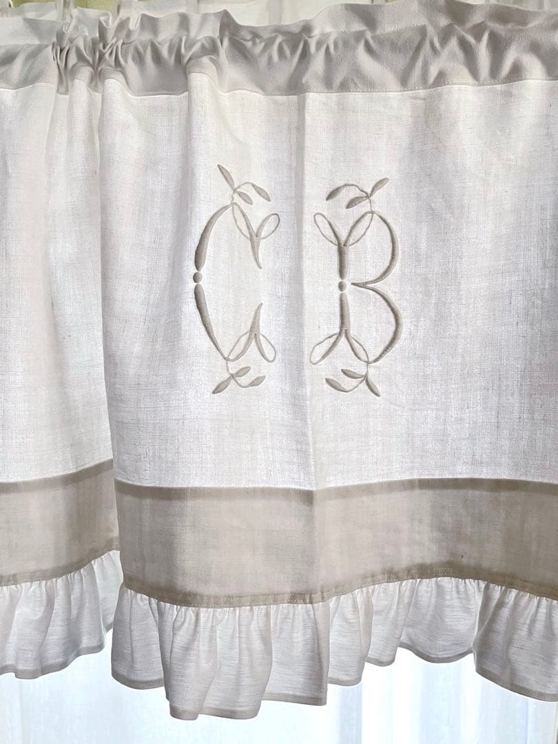 【美品】フランスアンティーク CB手刺繍 ホワイトフリルカフェカーテン 3376