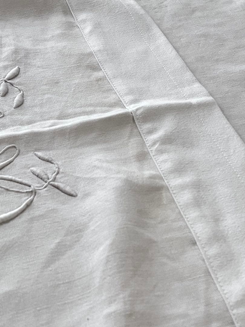 【美品】フランスアンティーク CB手刺繍 ホワイトフリルカフェカーテン 3376