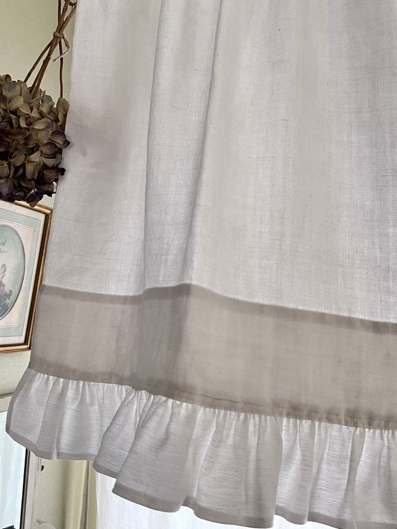 【美品】フランスアンティーク CB手刺繍 ホワイトフリルカフェカーテン 3376