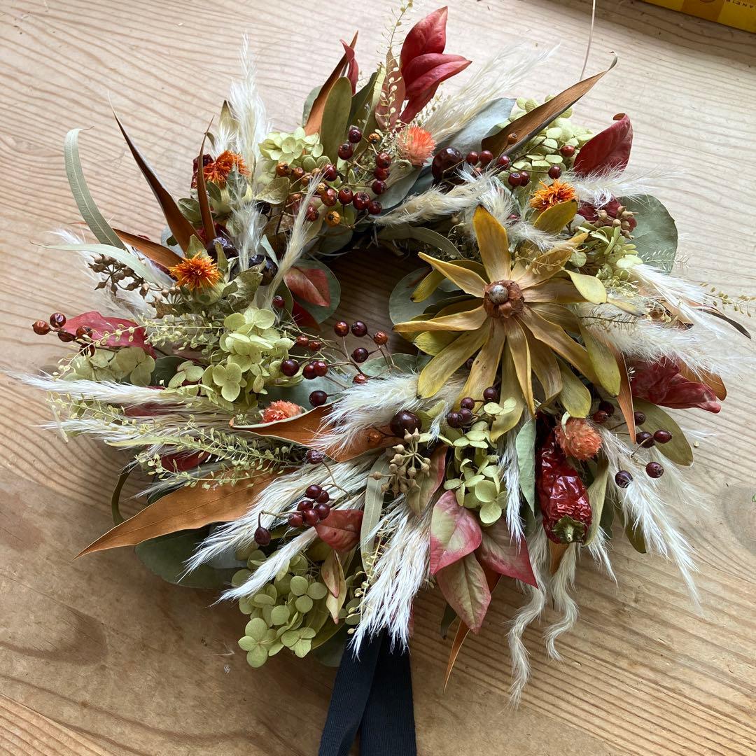 リューカデンドロンと秋の森のリース　パンパスグラス　グレビレア　アナベル