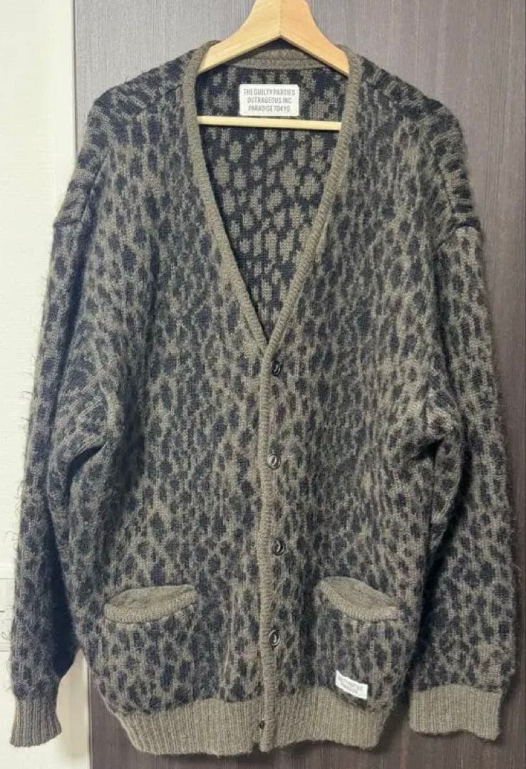 XL【美中古】ワコマリア ヘビーモヘア レオパード カーディガン カーキ