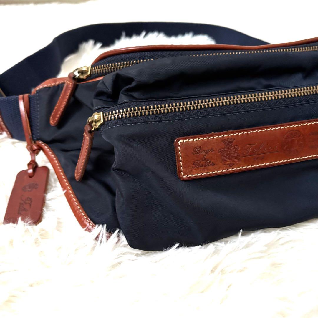 極美品✨felisi フェリージ　ウエストポーチ　ナイロン　レザー　紺　799