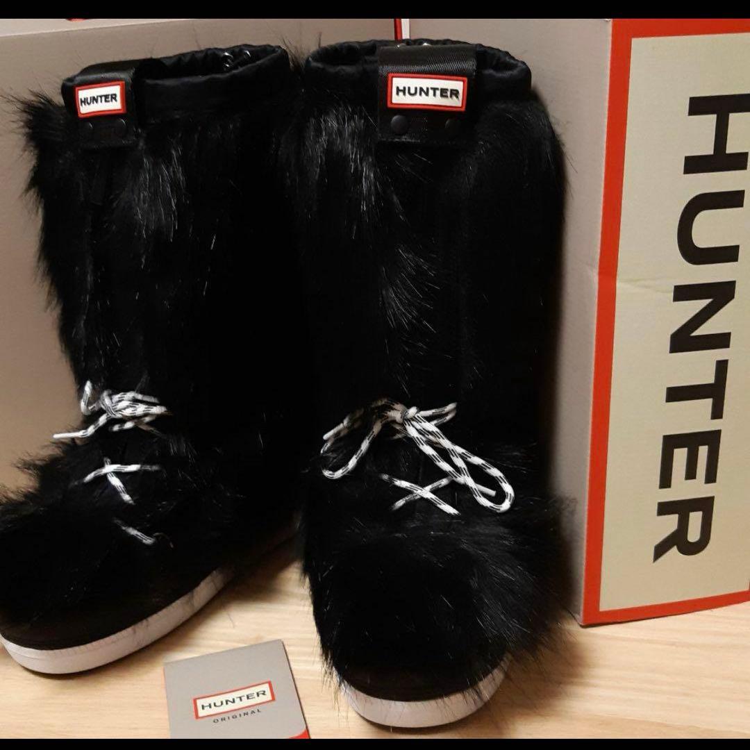 HUNTER ファー付きスノーブーツ ブラック