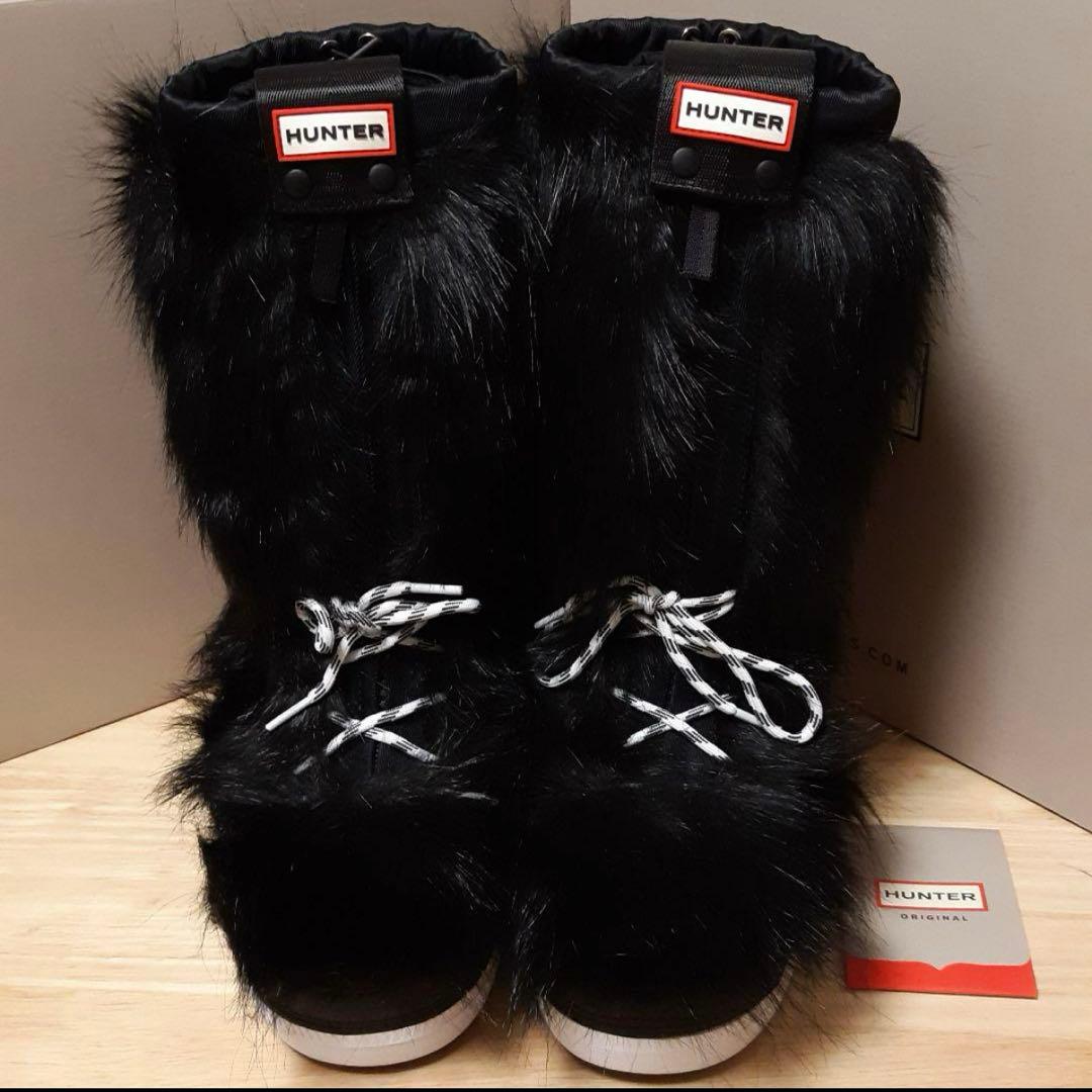 HUNTER ファー付きスノーブーツ ブラック