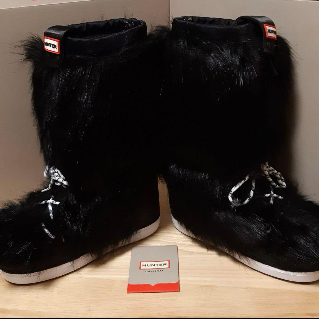 HUNTER ファー付きスノーブーツ ブラック