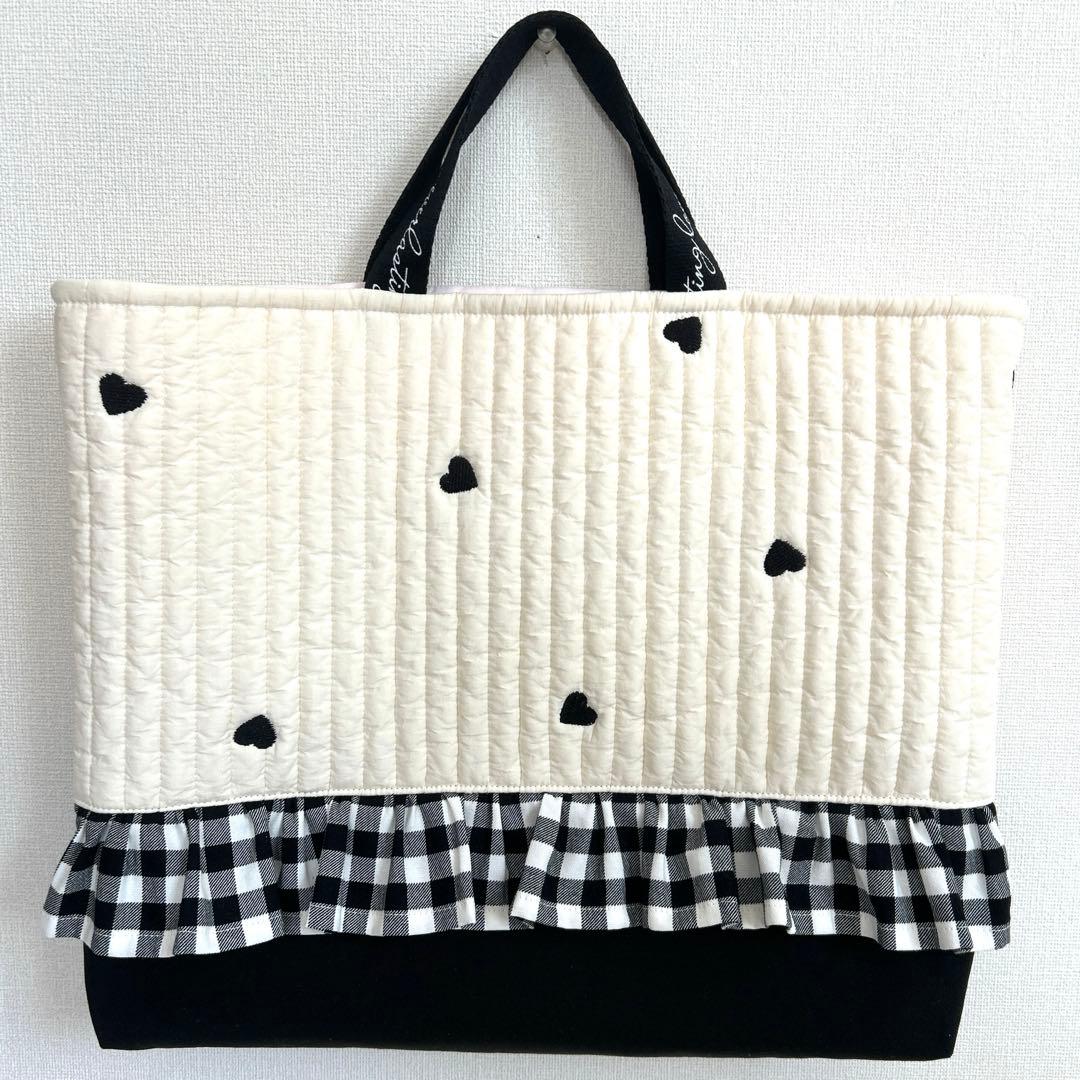 入園入学3点セット　【黒ハートヌビ×黒チェック】　女の子　レッスンバッグ　上靴袋