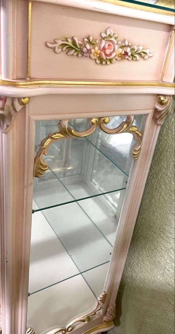 ロココ調 姫家具 花柄 ガラスキャビネット 薄ピンクベージュ 美品