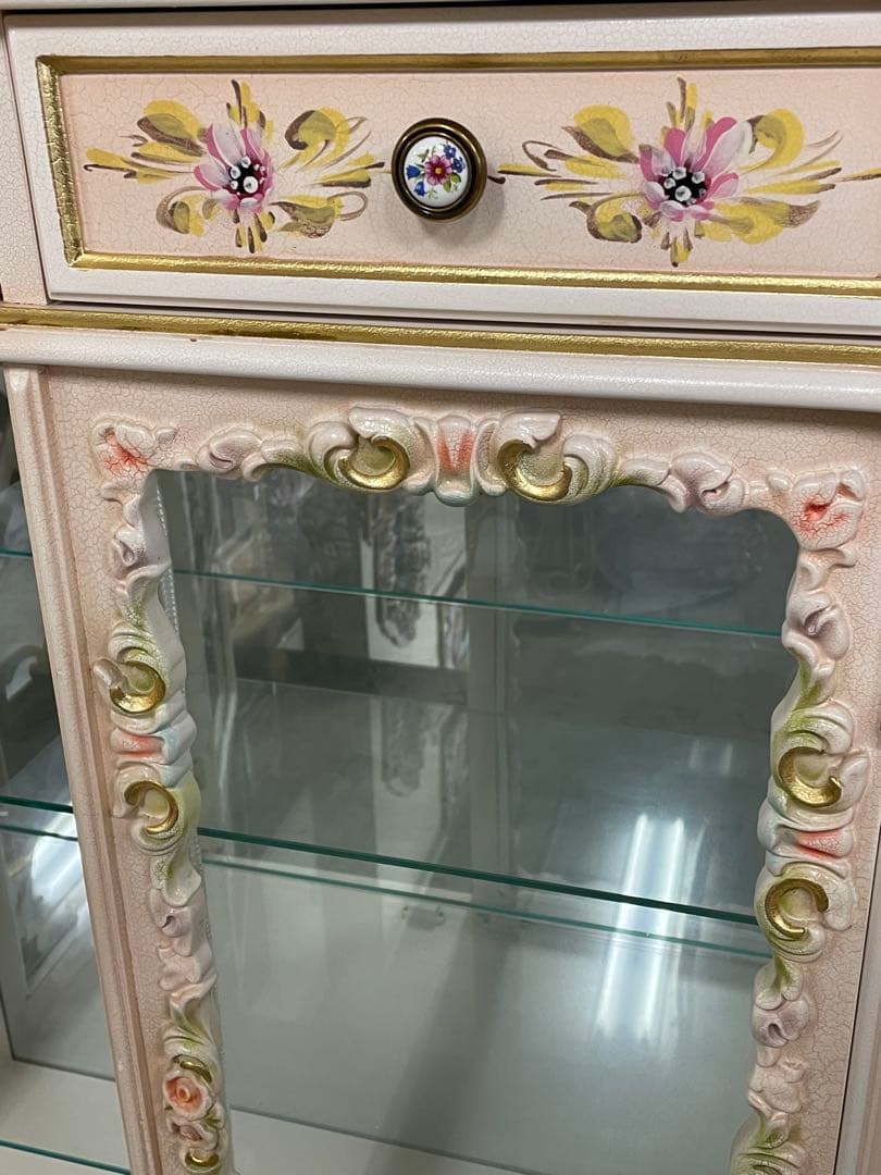 ロココ調 姫家具 花柄 ガラスキャビネット 薄ピンクベージュ 美品
