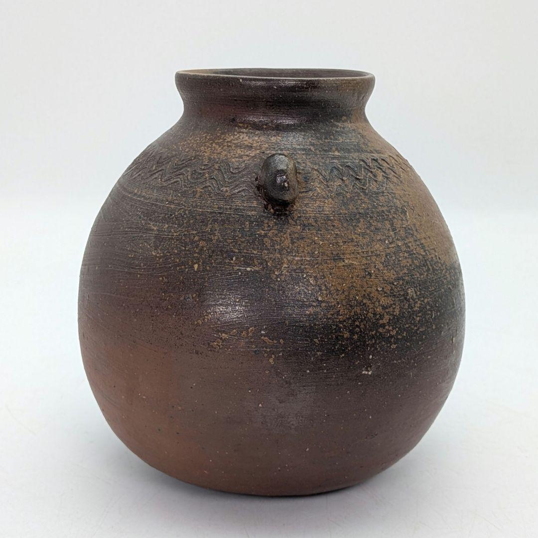 岡山県重要無形文化財 伊勢崎満 備前焼 耳付扁壺花生 共箱 花器 フラワーベース