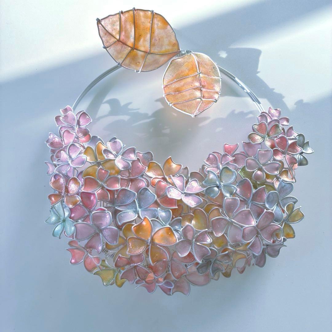 一点物　スノーピンク紫陽花リース　ワイヤークラフト　ディップアート