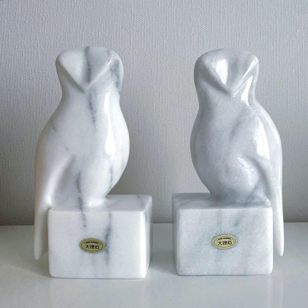 【新品】手彫 高級 大理石 フクロウ ミミズク ブックエンド 2体セット 縁起物