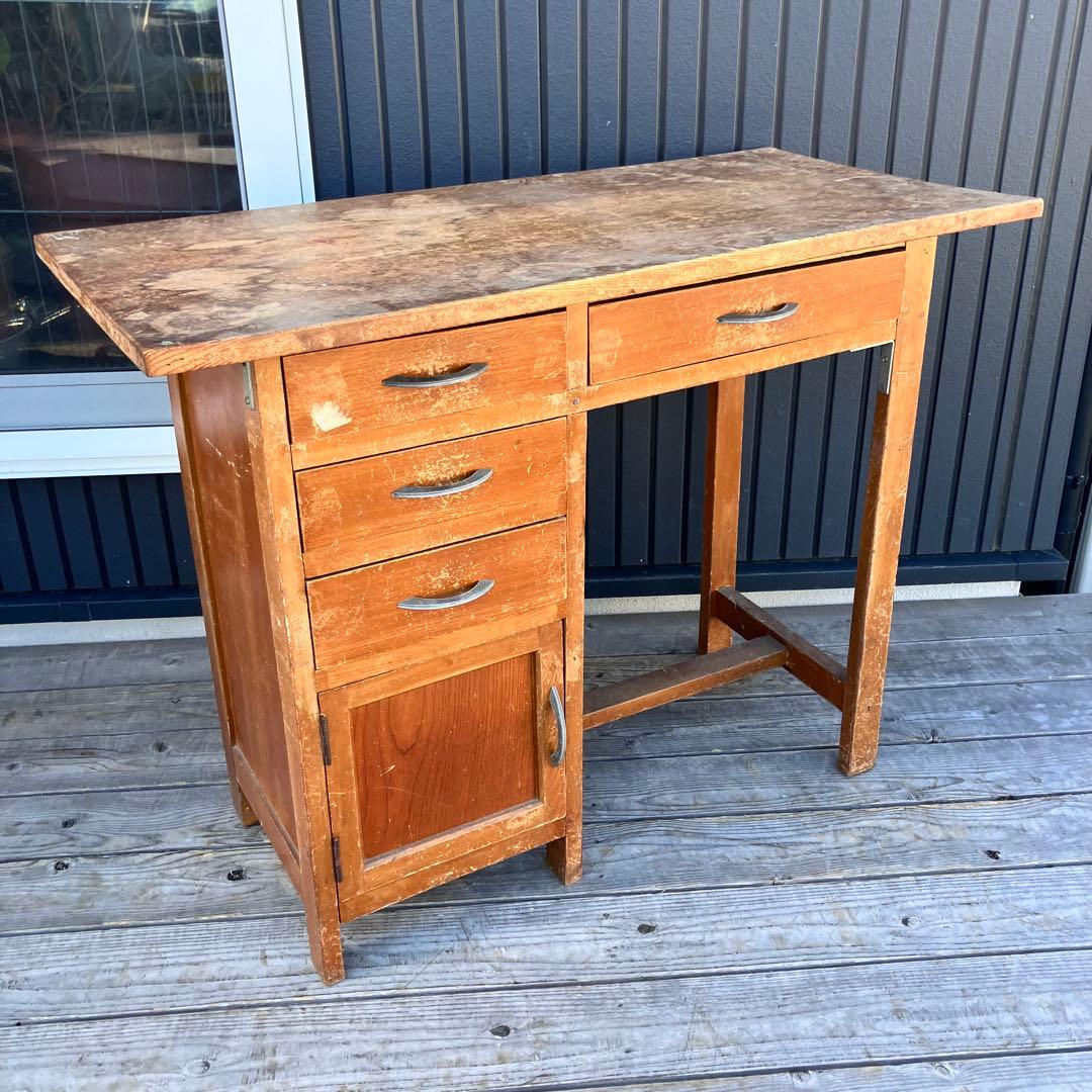 昭和レトロ 古家具 木製 片袖 書斎机 勉強机 文机 古道具 ヴィンテージ