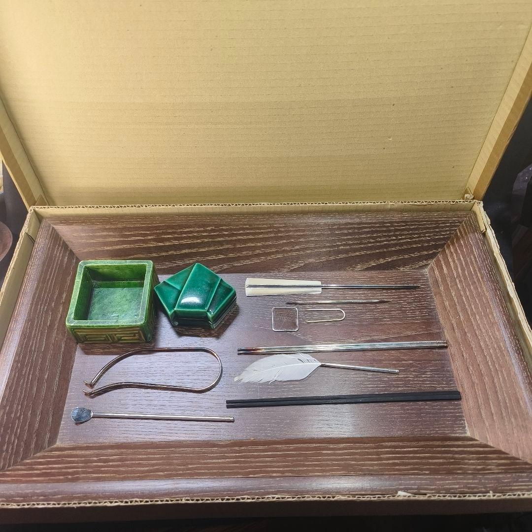 茶道具七事式 桑木香盆 織部香合 香炉 火道具セット 銀葉 香箸 全11点