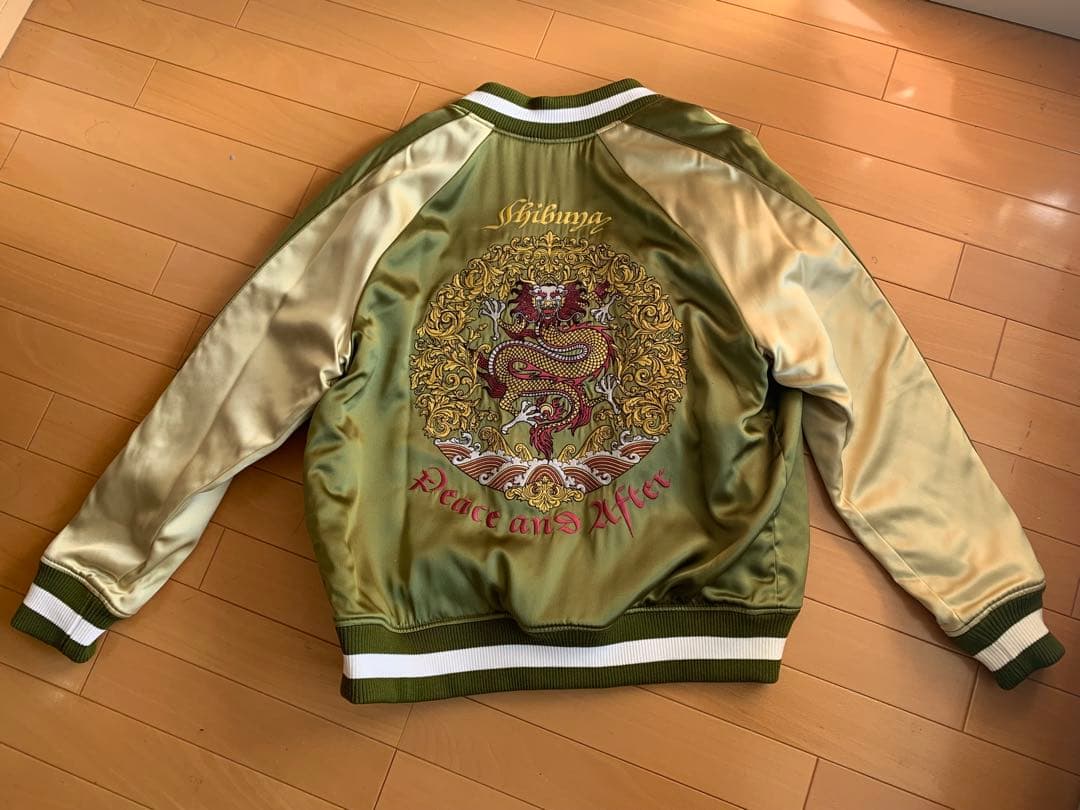 Peace and After オリーブ サテン スカジャン ドラゴン刺繍